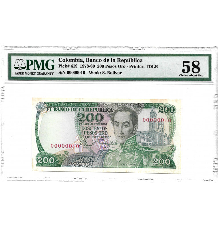 Colombia 200 Pesos Oro 1980 Pick 419. Certificado número bajo 10